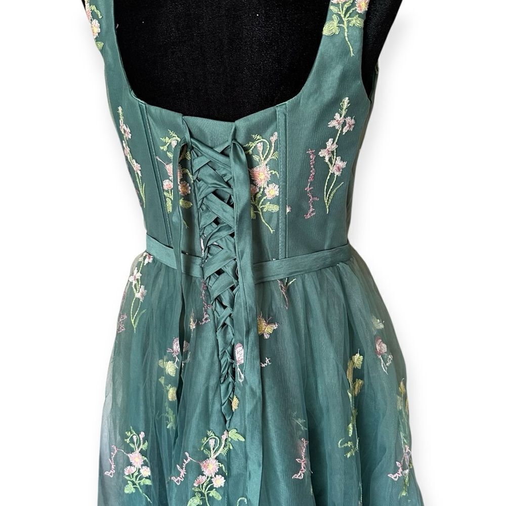 Corset Floral Embroidered Green Ruched Layered Tulle Flower  Midi Prom Dress - Picture 6 of 13